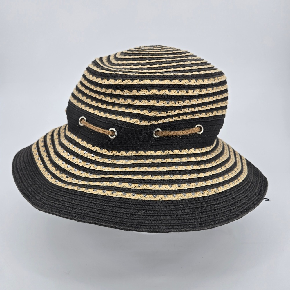 Peter Grimm Straw Sun Hat One Size Striped Black Beige Cowgirl Boho Lifeguard